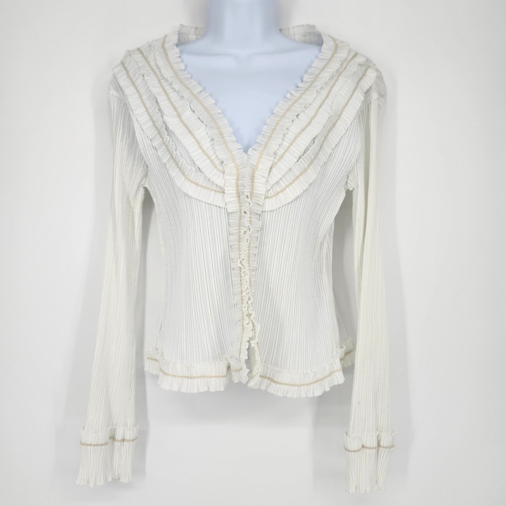 White‎ Tan Fairy Romantic Regency Dainty Top Womens Small Pleated Ruffle V-Neck